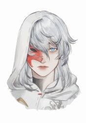 Rule 34 | 1boy, ayaa dj, bishounen, blue eyes, commentary, elidibus, final fantasy, final fantasy xiv, half mask, highres, long hair, looking at viewer, male focus, mask, multiple persona, portrait, simple background, solo, themis (ff14), white background, white hair
