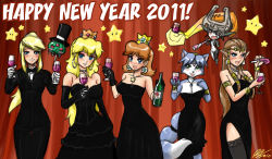Rule 34 | 10s, 2011, 6+girls, :p, alcohol, armlet, bare shoulders, black dress, blonde hair, blue eyes, blue hair, bottle, bow, bowtie, bracelet, breasts, brown hair, choker, cleavage, company connection, crossover, cup, dress, drinking glass, earrings, elbow gloves, formal, furry, furry female, glass, gloves, jewelry, john joseco, krystal, lace, lace-trimmed legwear, lace trim, long hair, looking at viewer, mario (series), metroid, metroid (creature), midna, multiple crossover, multiple girls, new year, nintendo, pant suit, pants, party horn, pendant, princess daisy, princess peach, princess zelda, samus aran, short hair, signature, smile, star (symbol), star fox, star fox adventures, suit, super mario land, tail, the legend of zelda, the legend of zelda: twilight princess, thighhighs, tongue, tongue out, traditional bowtie, wine, wine glass