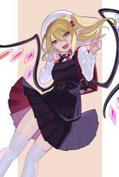 Rule 34 | 1girl, alternate costume, backpack, bag, belt, belt buckle, black belt, black dress, blonde hair, bright pupils, brown background, buckle, commentary, crystal, dress, eyes visible through hair, falken (yutozin), fang, feet out of frame, flandre scarlet, hair between eyes, hair bobbles, hair ornament, hand on own cheek, hand on own face, hands up, hat, highres, index finger raised, long bangs, long hair, long sleeves, looking at viewer, neck ribbon, open mouth, pinafore dress, pleated dress, pointy ears, red bag, red eyes, red ribbon, ribbon, shirt, simple background, skin fang, sleeveless, sleeveless dress, solo, thighhighs, touhou, uniform, white background, white headwear, white pupils, white shirt, white thighhighs, wings
