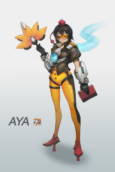 Rule 34 | 1girl, blizzard (company), bodysuit, cosplay, crossover, gloves, goggles, hand fan, hat, highres, jacket, overwatch, overwatch 1, shameimaru aya, short hair, smile, tokin hat, touhou, tracer (overwatch), tracer (overwatch) (cosplay), zhengyifan7