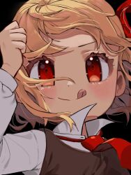 Rule 34 | 1girl, ascot, black background, black vest, blonde hair, blush, closed mouth, collared shirt, hair ribbon, highres, long sleeves, red ascot, red eyes, red ribbon, ribbon, rumia, shirt, short hair, simple background, smile, solo, tongue, tongue out, touhou, vest, vuluhappy, white shirt