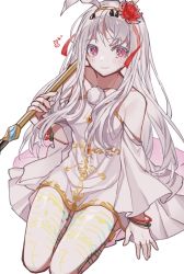 Rule 34 | 1girl, another eden, bad id, bad pixiv id, holding, holding staff, ilulu (another eden), long hair, looking up, over shoulder, puchipuchi, red eyes, sitting, smile, solo, staff, white background, white hair