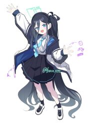 Rule 34 | 1girl, absurdly long hair, aris (blue archive), arm up, beko (beco 1122), black hair, black hairband, black skirt, black socks, blue archive, blue eyes, blue necktie, blush, collared shirt, full body, green halo, hairband, halo, highres, jacket, long hair, long sleeves, looking at viewer, necktie, one side up, open clothes, open jacket, open mouth, pleated skirt, shirt, shoes, simple background, skirt, smile, socks, solo, twitter username, very long hair, white background, white footwear, white jacket, white shirt