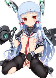 Rule 34 | 10s, 1girl, bad id, bad pixiv id, blue hair, blush, boots, breasts, clothes lift, covering privates, covering crotch, frown, gloves, headgear, kantai collection, long hair, messy (efuya), murakumo (kancolle), navel, necktie, nipples, pantyhose, partially visible vulva, personification, red eyes, school uniform, serafuku, shirt lift, solo, tears, torn clothes, torn pantyhose