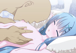 Rule 34 | 1girl, absurdres, blue hair, blush, breast sucking, breasts, closed eyes, completely nude, erin (granblue fantasy), faceless, faceless male, flat chest, grabbing, grabbing another&#039;s breast, granblue fantasy, hair ornament, hairclip, hetero, highres, lamp, long hair, lying, nagehazushi, nipple stimulation, nipple tweak, nipples, nude, on back, on bed, pillow, pink lips, signature, small breasts, solo focus, straight hair, upper body