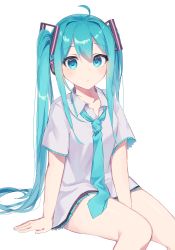 Rule 34 | 1girl, absurdres, ahoge, aqua hair, aqua necktie, arm support, bare arms, bare legs, black skirt, closed mouth, collarbone, collared shirt, commentary, earphones, hair between eyes, hatsune miku, highres, kurobikari, light frown, long hair, looking at viewer, loose necktie, miniskirt, necktie, oversized clothes, oversized shirt, pleated skirt, shirt, short sleeves, sidelocks, simple background, sitting, skirt, solo, twintails, very long hair, vocaloid, white background, white shirt