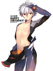 Rule 34 | 10s, 1boy, absurdres, arched back, artist name, bad id, bad pixiv id, bishounen, english text, evangelion: 3.0 you can (not) redo, grey hair, hair between eyes, hand in own hair, happy birthday, highres, hobak, lcl, light smile, male focus, nagisa kaworu, neon genesis evangelion, nipples, plugsuit, rebuild of evangelion, red eyes, simple background, solo, undressing, wet, white background