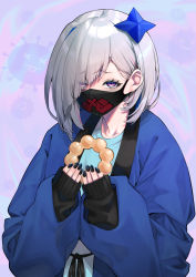 Rule 34 | 1girl, absurdres, amane kanata, black nails, blue hair, blue jacket, blue shirt, commentary request, doughnut, eyes visible through hair, food, hair behind ear, hair over one eye, highres, holding, hololive, jacket, long sleeves, looking at viewer, mask, mikan (chipstar182), mouth mask, multicolored hair, nail polish, open clothes, open jacket, pink hair, pon de ring, purple eyes, shirt, short hair, silver hair, sleeves past wrists, solo, streaked hair, upper body, virtual youtuber
