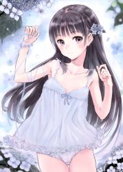 Rule 34 | 1girl, absurdres, black eyes, black hair, bow, bow panties, bracelet, camisole, closed mouth, collarbone, cowboy shot, flat chest, flower, fujita hidetoshi, hair flower, hair ornament, highres, hydrangea, jewelry, long hair, lying, non-web source, on back, original, outdoors, panties, ribbon, scan, smile, snow, solo, underwear, underwear only, white panties