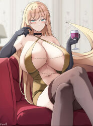 Rule 34 | 1girl, areola slip, bare shoulders, black choker, black gloves, blonde hair, blush, breasts, brown thighhighs, choker, cleavage, closed mouth, collarbone, commentary, couch, crossed legs, cup, dress, drinking glass, elbow gloves, english commentary, gloves, green eyes, guilty gear, highres, holding, holding cup, huge breasts, keenh, long hair, looking at viewer, millia rage, navel, sideboob, sitting, solo, thighhighs, thighs, wine glass, yellow dress