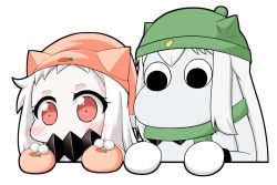 Rule 34 | (o) (o), 10s, 1girl, abyssal ship, black eyes, blush, carrot, collaboration, colored skin, covered mouth, hat, horns, kantai collection, long hair, looking at viewer, mayonnaise, mittens, muppo, northern ocean princess, peeking out, red eyes, sazanami konami, scarf, simple background, white background, white hair, white skin, yamato nadeshiko