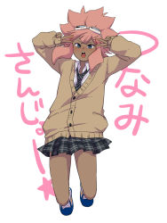 Rule 34 | 1boy, blush, cardigan, crossdressing, dark-skinned male, dark skin, double v, goggles, goggles on head, highres, inazuma eleven, inazuma eleven (series), jumping, long hair, looking at viewer, male focus, necktie, pink hair, plaid, plaid skirt, pleated skirt, school uniform, shiroabe, simple background, skirt, solo, tsunami jousuke, v, white background