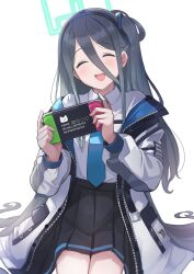 Rule 34 | 1girl, :d, absurdres, aris (blue archive), black hairband, black skirt, blue archive, blue necktie, blush, closed eyes, collared shirt, hair between eyes, hair spread out, hairband, halo, handheld game console, highres, holding, holding handheld game console, jacket, long hair between eyes, long sleeves, multicolored clothes, multicolored jacket, necktie, one side up, open clothes, open jacket, open mouth, pleated skirt, round teeth, shirt, shirt tucked in, sidelocks, simple background, skirt, smile, solo, square halo, teeth, upper teeth only, white background, white shirt, yokoji (kodai2015)
