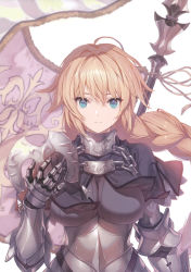 Rule 34 | 1girl, absurdres, armor, armored dress, blonde hair, blue eyes, braid, breasts, capelet, chain, closed mouth, fate/apocrypha, fate/grand order, fate (series), flag, fur trim, gauntlets, headpiece, helmet, highres, holding, jeanne d&#039;arc (fate), jeanne d&#039;arc (ruler) (fate), long braid, long hair, looking at viewer, medium breasts, saitou masatsugu, scan, single braid, solo, upper body, very long hair, white background