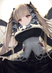 Rule 34 | 1girl, azur lane, black dress, black nails, breasts, curtsey, dress, earrings, flight deck, formidable (azur lane), frilled dress, frills, from below, hair ribbon, highres, jewelry, large breasts, long hair, looking at viewer, looking down, nail polish, otogi kyouka, platinum blonde hair, red eyes, ribbon, rigging, skirt hold, solo, twintails, two-tone dress, two-tone ribbon, very long hair