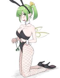 Rule 34 | 1girl, animal ears, armpit peek, ass, black footwear, black leotard, blush, bow, bowtie, breasts, cleavage, collarbone, commentary request, daiyousei, detached collar, embarrassed, fake animal ears, fishnet pantyhose, fishnets, frogsnake, from side, full body, green bow, green bowtie, green eyes, green hair, hair ribbon, high heels, highleg, highleg leotard, holding, kneeling, large breasts, leotard, lone nape hair, looking at viewer, looking to the side, medium hair, open mouth, pantyhose, playboy bunny, rabbit ears, rabbit tail, ribbon, side ponytail, sidelocks, solo, strapless, strapless leotard, tail, touhou, undone bowtie, wing collar, wrist cuffs