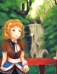Rule 34 | 1girl, :o, amekosame, arm warmers, blonde hair, blush, dappled sunlight, forest, green eyes, looking back, mizuhashi parsee, nature, pointy ears, sash, scarf, short hair, short twintails, solo focus, sunlight, touhou, twintails, upper body, water, waterfall, white scarf