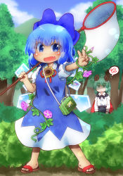 Rule 34 | 2girls, :3, anger vein, antennae, arms at sides, arms up, black shorts, blue dress, blue eyes, blue hair, blue sky, blush, butterfly net, cape, cirno, cloud, commentary request, day, dress, fang, flower, forest, full body, green hair, hair ribbon, hand net, insect cage, jitome, long sleeves, looking at another, looking at viewer, matty (zuwzi), morning glory, mountain, multiple girls, nature, open mouth, outdoors, outstretched hand, pinafore dress, puffy short sleeves, puffy sleeves, ribbon, sandals, shirt, short hair, short sleeves, shorts, sky, sleeveless dress, spoken anger vein, standing, sunflower, tanned cirno, thick eyebrows, touhou, two-tone cape, v, white shirt, wings, wriggle nightbug
