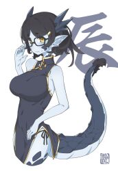 Rule 34 | 1girl, bad id, bad twitter id, bare shoulders, black-framed eyewear, black hair, blue skin, blush, breasts, china dress, chinese clothes, chinese zodiac, closed mouth, colored skin, dragon girl, dragon horns, dragon tail, dress, earrings, glasses, hair ornament, hairclip, highres, hikimayu, horns, inactive account, jewelry, large breasts, monster girl, original, panties, pointy ears, raigou, side-tie panties, simple background, solo, stud earrings, sweatdrop, tail, underwear, white background, year of the dragon, yellow eyes