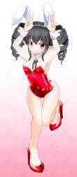 Rule 34 | 1girl, animal ears, black hair, darkness iii, detached collar, double v, drill hair, fake animal ears, fishnets, highres, long hair, optronics, playboy bunny, pointy ears, rabbit ears, red eyes, ribbon, twintails, v, viprpg, wrist cuffs