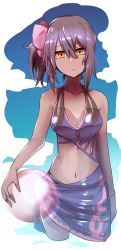 Rule 34 | 1girl, :&lt;, absurdres, arm at side, bad id, bad twitter id, ball, bare arms, bare shoulders, beachball, bikini, bikini top only, blue sky, bow, breasts, brown hair, cleavage, closed mouth, cloud, collarbone, commentary request, dark-skinned female, dark skin, day, hair between eyes, hair bow, halterneck, head tilt, highres, long hair, looking at viewer, medium breasts, navel, one side up, orange eyes, original, pink bow, purple bikini, purple sarong, sarong, sky, solo, swimsuit, transparent, wada kazu, wading, water