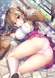 Rule 34 | 1girl, ass, bag, blue eyes, breasts, brown footwear, brown hair, brown jacket, buttons, covered erect nipples, double-breasted, flower, hair ribbon, highres, jacket, kino (kino konomi), kneehighs, large breasts, leaf, loafers, looking at viewer, lying, medium hair, melonbooks, non-web source, on ground, on side, open mouth, original, panties, pink panties, pleated skirt, railing, red skirt, ribbon, school bag, school uniform, shirt, shoes, skirt, smile, socks, solo, sunlight, taut clothes, thighs, tripping, twintails, underwear, watermark, white shirt, white socks