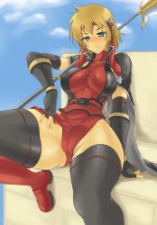 Rule 34 | 1girl, arm support, bad id, bad pixiv id, black thighhighs, blonde hair, blue eyes, blush, boots, breasts, cameltoe, cape, clenched hand, cloud, covered erect nipples, crotch, curvy, day, elbow gloves, embarrassed, fingerless gloves, frown, gloves, groin, hand on thigh, headband, high collar, highleg, highleg leotard, hip focus, impossible clothes, knee boots, kurokuma no youhei maris, large breasts, leotard, loincloth, looking at viewer, momio, obi, outdoors, over shoulder, polearm, sash, short hair, sitting, skin tight, sky, solo, spear, sweat, thick thighs, thighhighs, thighs, turtleneck, weapon, wide hips, yuukyuu no sharin
