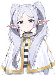 Rule 34 | 1girl, absurdres, blush, capelet, closed mouth, commentary, earrings, elf, frieren, green eyes, grey hair, highres, jewelry, long hair, looking at viewer, pointy ears, shirt, short eyebrows, simple background, skirt, smile, solo, sousou no frieren, striped clothes, striped shirt, thick eyebrows, tosyeo, twintails, upper body, white background, white capelet, white skirt