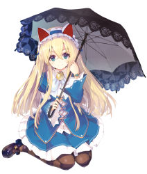 Rule 34 | 1girl, alice clockheart, animal ears, black pantyhose, blonde hair, blue eyes, blush, bracelet, cat ears, dress, fake animal ears, full body, fuyuu gakuen no alice &amp; shirley, hairband, holding, jewelry, lolita hairband, long hair, long sleeves, looking at viewer, mary janes, official art, pantyhose, shirabi, shoes, simple background, sitting, smile, solo, striped clothes, striped pantyhose, umbrella, wariza, white background