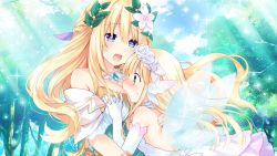 Rule 34 | 2girls, bare shoulders, blonde hair, blue eyes, blush, bouquet (neptunia), braid, breasts, cleavage, dress, fairy wings, flower, four goddesses online: cyber dimension neptune, french braid, game cg, gloves, hair flower, hair ornament, heart, heart-shaped pupils, highres, hug, large breasts, long hair, multiple girls, neptune (series), official art, smile, symbol-shaped pupils, tsunako, vert (neptunia), white dress, wings