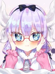 Rule 34 | &gt;:t, 1girl, :t, bad id, bad pixiv id, beads, bespectacled, blue eyes, blunt bangs, blush, capelet, closed mouth, dragon horns, dragon tail, face, frilled capelet, frills, fur trim, glasses, gradient hair, hair beads, hair ornament, hairband, highres, horns, kanna kamui, kobayashi-san chi no maidragon, light purple hair, looking at viewer, low twintails, multicolored hair, pink lips, pout, red-framed eyewear, semi-rimless eyewear, solo, tail, twintails, under-rim eyewear, v-shaped eyebrows, yayoichi (yoruyoru108)