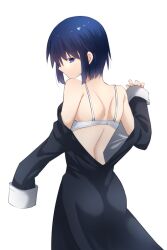 Rule 34 | 1girl, ass, blue eyes, blue hair, blush, bra, breasts, ciel (tsukihime), commentary request, dress, from behind, highres, long sleeves, looking at viewer, medium breasts, nervous, official alternate costume, short hair, solo, tsukihime, tsukihime (remake), underwear, undressing, vent vert (kuuya), white background, white bra