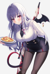 Rule 34 | 1girl, black necktie, black pantyhose, black skirt, blue archive, blush, bow, breasts, closed mouth, food, grey hair, hair bow, haruna (blue archive), highres, holding, holding plate, large breasts, long hair, long sleeves, looking at viewer, necktie, omelet, omurice, pantyhose, pink bow, plate, primamiya, red eyes, skirt, smile, solo