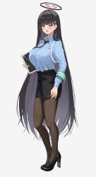 Rule 34 | 1girl, absurdres, black footwear, black hair, black halo, black necktie, black skirt, blue archive, blue shirt, breasts, bright pupils, brown pantyhose, collared shirt, commentary request, dubeaduver, full body, grey background, hair ornament, hairclip, halo, highres, holding, holding tablet pc, large breasts, long hair, long sleeves, necktie, open mouth, pantyhose, police, police uniform, policewoman, red eyes, rio (blue archive), shirt, shoes, simple background, skirt, solo, standing, tablet pc, uniform, very long hair, white pupils