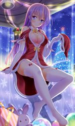 Rule 34 | 1girl, bashen chenyue, bell, blue eyes, blush, bow, box, breasts, christmas, christmas ornaments, christmas tree, cleavage, closed mouth, cloud, collarbone, dress, elbow gloves, fur-trimmed dress, fur-trimmed headwear, fur-trimmed sleeves, fur trim, garter straps, gift, gift box, gloves, hair between eyes, hat, head tilt, heart, highres, holding, holding clothes, holding hat, lace, lace-trimmed legwear, lace trim, long hair, medium breasts, merry christmas, night, night sky, no shoes, original, outdoors, purple hair, red bow, red dress, red hat, santa hat, short sleeves, sky, smile, snowflake print, snowing, solo, star (symbol), stuffed animal, stuffed rabbit, stuffed toy, thighhighs, unworn hat, unworn headwear, very long hair, white gloves, white thighhighs, yellow bow