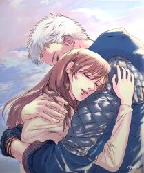 Rule 34 | 1boy, 1girl, blush, brown hair, closed eyes, comforting, couple, devil may cry (series), devil may cry 5, gloves, hetero, holding, hood, hug, husband and wife, kyrie (devil may cry), long hair, long sleeves, nero (devil may cry), smile, white hair