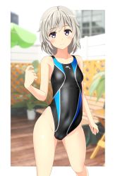 Rule 34 | 1girl, absurdres, bench, black one-piece swimsuit, blurry, breasts, cameltoe, competition swimsuit, contrapposto, covered navel, cowboy shot, depth of field, dolphin print, fence, grey eyes, groin, high school fleet, highleg, highleg swimsuit, highres, looking at viewer, multicolored clothes, multicolored swimsuit, one-piece swimsuit, plant, short hair, silver hair, small breasts, solo, standing, swimsuit, takafumi, tateishi shima, umbrella, wooden fence