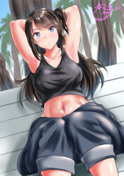 Rule 34 | 10s, 1girl, 2017, armpits, arms behind head, arms up, artist name, blue eyes, blush, breasts, brown hair, clothes lift, commentary request, covered erect nipples, dated, groin, jacket, kasugano tobari, lifted by self, long hair, medium breasts, midriff, navel, one side up, open fly, seiren, shirt lift, short shorts, shorts, side ponytail, signature, sitting, smile, solo, spread navel, tank top, track jacket, track suit, tsuneki hikari, unbuttoned, underboob, white background