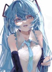 Rule 34 | 1girl, absurdres, bare shoulders, blue eyes, blue hair, blue necktie, eyelashes, fingernails, grey background, hair between eyes, half-closed eyes, hand in own hair, hatsune miku, highres, long eyelashes, long hair, looking at viewer, necktie, open mouth, simple background, solo, sushineko8, teeth, tongue, twintails, vocaloid