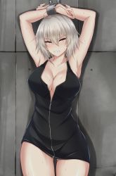 Rule 34 | 1girl, ahoge, armpits, bare shoulders, blush, bound, bound wrists, breasts, cleavage, collarbone, cowboy shot, cuffs, eyes visible through hair, fate/grand order, fate (series), gluteal fold, grey hair, hair between eyes, highres, jeanne d&#039;arc (fate), jeanne d&#039;arc alter (fate), jeanne d&#039;arc alter (ver. shinjuku 1999) (fate), large breasts, looking at viewer, official alternate costume, shackles, short hair, sleeveless, solo, standing, teeth, thighs, wall, watarase piro, yellow eyes
