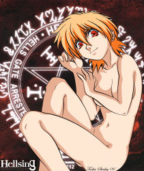 Rule 34 | 1girl, breasts, censored, convenient censoring, copyright name, dated, english text, fetal position, from above, hair between eyes, hellsing, highres, legs, looking at viewer, looking back, lying, magic circle, md5 mismatch, medium breasts, navel, nude, on side, orange hair, pentagram, profile, red eyes, seras victoria, short hair, signature, smile, solo, tasha steeley