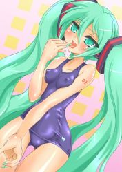 Rule 34 | 1girl, aqua eyes, aqua hair, breasts, covered erect nipples, hatsune miku, headset, highres, long hair, one-piece swimsuit, open mouth, school swimsuit, smile, solo, swimsuit, tongue, twintails, very long hair, vocaloid