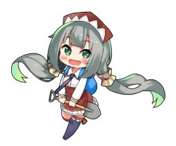 Rule 34 | 1girl, azur lane, backpack, bag, black thighhighs, blush, chibi, dress, fang, full body, glowworm (azur lane), green eyes, green hair, grey hair, hat, holding, holding shovel, long hair, long sleeves, looking at viewer, low twintails, moru (monaka), multicolored hair, necktie, open mouth, shovel, simple background, solo, thighhighs, twintails, very long hair, white background