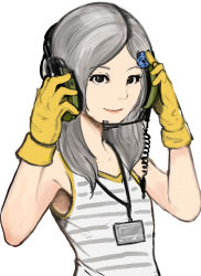 Rule 34 | 1girl, brown eyes, flat chest, flower, gloves, hair flower, hair ornament, lips, long hair, metal gear (series), metal gear rising: revengeance, midnight osll, name tag, parted bangs, silver hair, smile, solo, striped, sunny emmerich, tank top