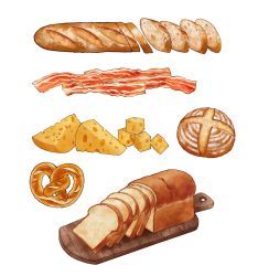 Rule 34 | abaoyaonuli, bacon, baguette, bread, bread slice, cheese, food, food focus, highres, loaf of bread, original, pretzel, simple background, still life, swiss cheese, tray, white background, wooden tray