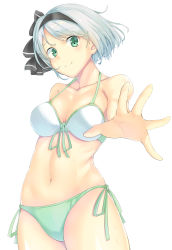 Rule 34 | 1girl, bare arms, bare shoulders, bikini, black hairband, black ribbon, blush, breasts, cleavage, collarbone, commentary request, cowboy shot, doitsuudon, foreshortening, front-tie bikini top, front-tie top, green bikini, green eyes, hair ribbon, hairband, halterneck, highres, konpaku youmu, looking at viewer, medium breasts, mismatched bikini, navel, partial commentary, reaching, reaching towards viewer, ribbon, short hair, side-tie bikini bottom, silver hair, simple background, smile, solo, standing, stomach, swimsuit, thighs, touhou, white background, white bikini