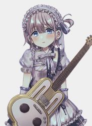 Rule 34 | 1girl, alternate costume, blue eyes, blunt bangs, blush, bunny-shaped guitar, dress, earrings, electric guitar, frilled hairband, frills, gothic lolita, guitar, hairband, highres, idolmaster, idolmaster shiny colors, instrument, jewelry, lolita fashion, looking at viewer, puffy short sleeves, puffy sleeves, sasasasa, see-through, see-through sleeves, serizawa asahi, short ponytail, short sleeves, side ponytail, silver hair, solo