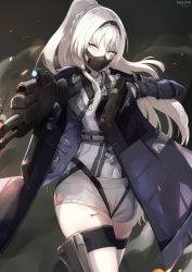 Rule 34 | 1girl, an-94, an-94 (girls&#039; frontline), an-94 (mod3) (girls&#039; frontline), artist name, assault rifle, black gloves, blue eyes, blue jacket, braid, commentary request, cuts, girls&#039; frontline, gloves, gun, handgun, highres, holding, holding gun, holding weapon, injury, jacket, long hair, looking at viewer, mask, mod3 (girls&#039; frontline), mouth mask, name connection, nekoya (liu), object namesake, open clothes, open jacket, pistol, ponytail, rifle, shirt, short shorts, shorts, signature, solo, standing, trigger discipline, twitter username, very long hair, weapon, white hair, white shirt, white shorts