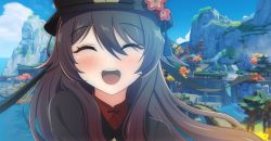 Rule 34 | 1girl, artist request, black hat, blue sky, blush, bridge, brown hair, building, closed eyes, cloud, flower, genshin impact, hair between eyes, happy, hat, highres, hu tao (genshin impact), long hair, looking at viewer, mountain, multicolored hair, open mouth, outdoors, portrait, red hair, scenery, ship, sky, smile, solo, teeth, town, tree, twintails, two-tone hair, upper teeth only, water, watercraft, waterfall