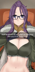 Rule 34 | 10s, 1girl, absurdres, blue eyes, bra, breasts, cleavage, clothes lift, coat, english text, expressionless, fur trim, glasses, highres, joylewds, kagamihara sakura, large breasts, lifted by self, long hair, looking at viewer, navel, purple hair, scarf, shirt lift, snapchat, solo, stomach, sweater, underwear, yurucamp